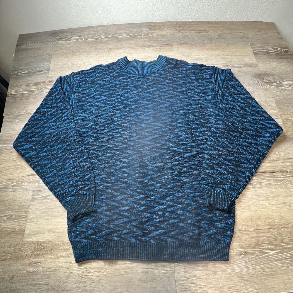Street Closed Sweater Men Large Blue Black Zigzag Knit Vintage Crewneck Pullover